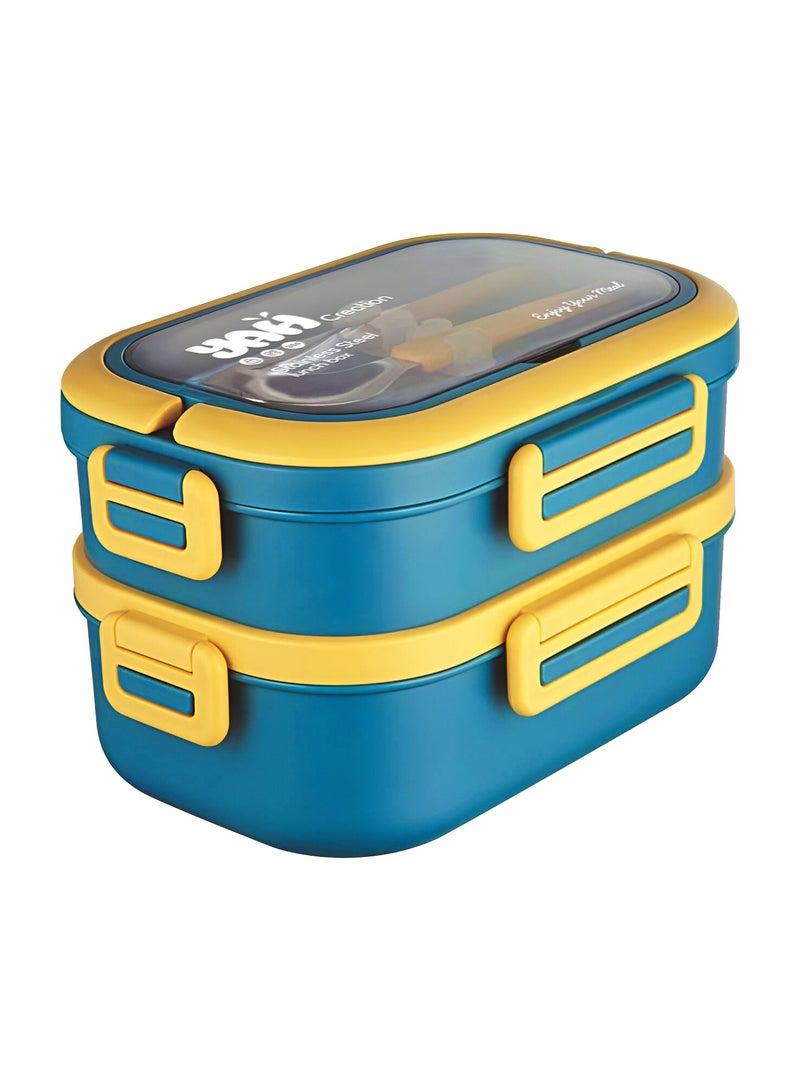 YAH Premium Stainless Steel Bento Lunch Box with Lunch Bag, 2-Layer Leakproof Food Container (1.65L) with Stainless Steel Cutlery & Insulated Thermal Bag, Durable & Stylish for Work & School. Blue & Yellow