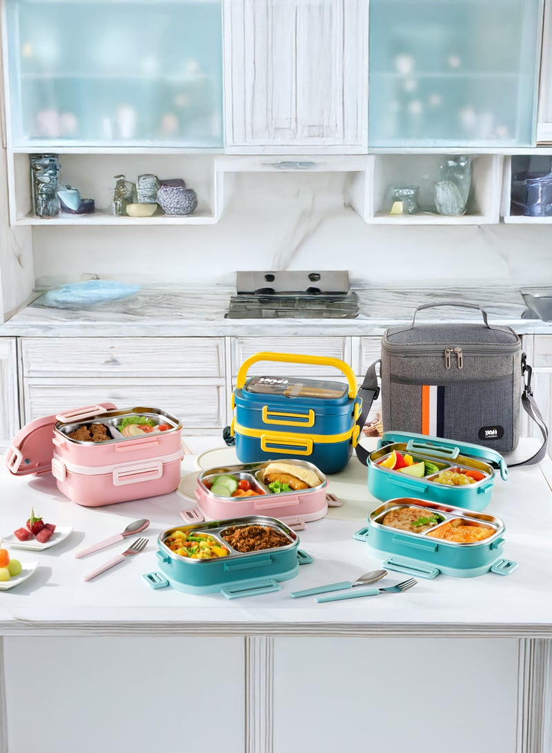 YAH Creation YAH Premium Stainless Steel Bento Lunch Box with Lunch Bag, 2-Layer Leakproof Food Container (1.65L) with Stainless Steel Cutlery & Insulated Thermal Bag, Durable & Stylish for Work & School. Blue & Yellow  - Image 5