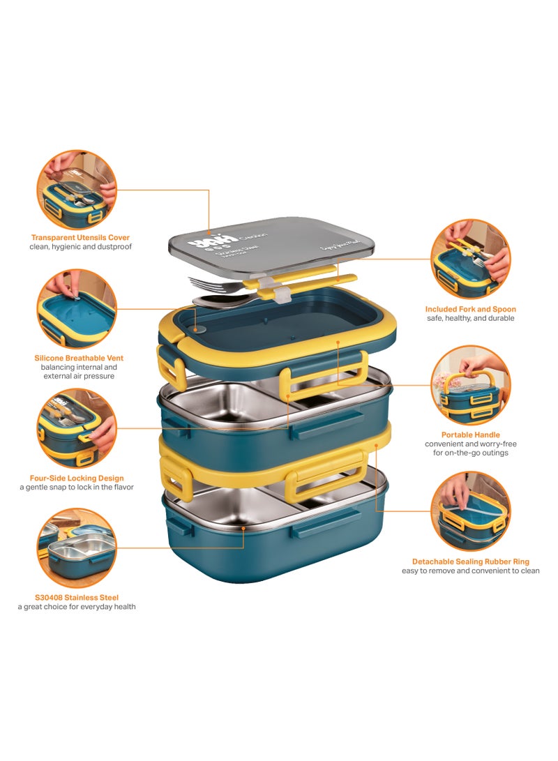 YAH Creation YAH Premium Stainless Steel Bento Lunch Box with Lunch Bag, 2-Layer Leakproof Food Container (1.65L) with Stainless Steel Cutlery & Insulated Thermal Bag, Durable & Stylish for Work & School. Blue & Yellow  - Image 2