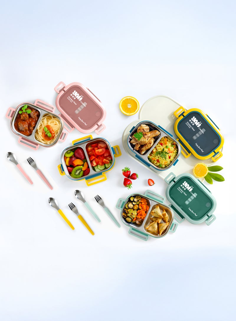 YAH Creation YAH Premium Stainless Steel Bento Lunch Box with Lunch Bag, 2-Layer Leakproof Food Container (1.65L) with Stainless Steel Cutlery & Insulated Thermal Bag, Durable & Stylish for Work & School. Blue & Yellow  - Image 4