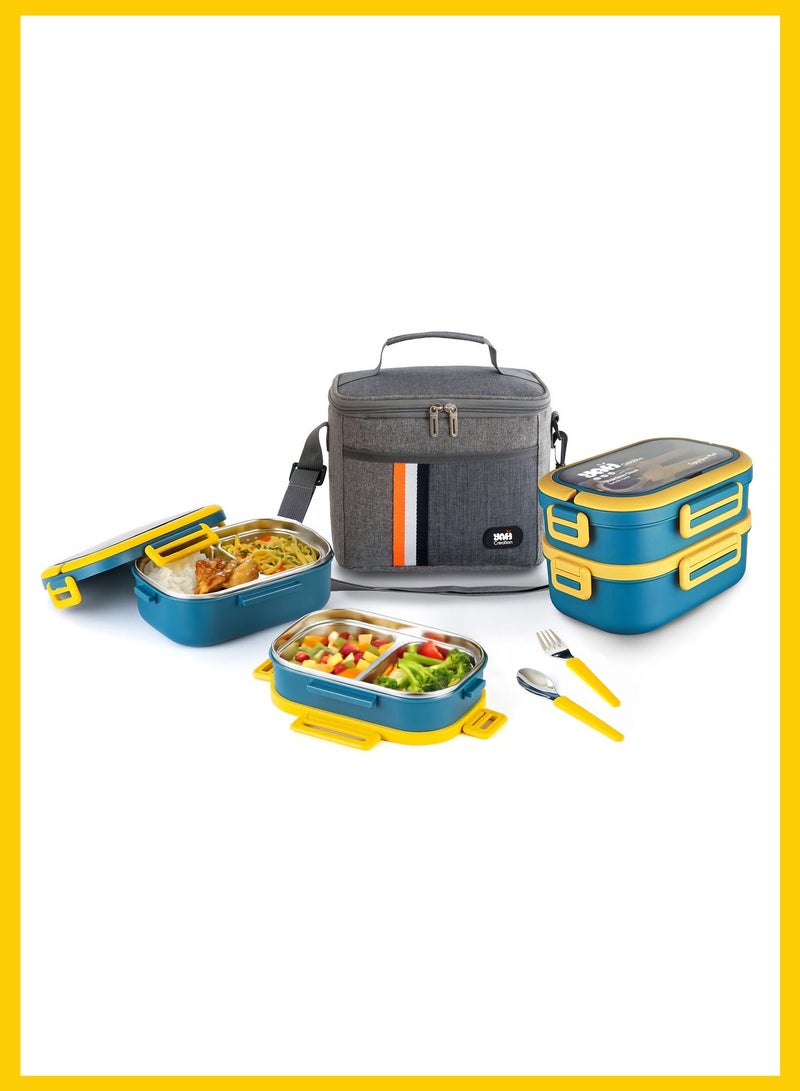 YAH Creation YAH Premium Stainless Steel Bento Lunch Box with Lunch Bag, 2-Layer Leakproof Food Container (1.65L) with Stainless Steel Cutlery & Insulated Thermal Bag, Durable & Stylish for Work & School. Blue & Yellow - Image 1
