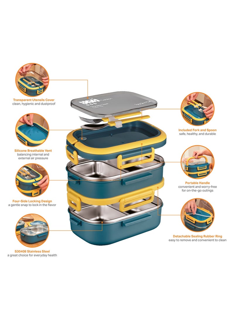 YAH Creation YAH Premium Stainless Steel Bento Lunch Box with Lunch Bag, 2-Layer Leakproof Food Container (1.65L) with Stainless Steel Cutlery & Insulated Thermal Bag, Durable & Stylish for Work & School. Blue & Yellow - Image 2