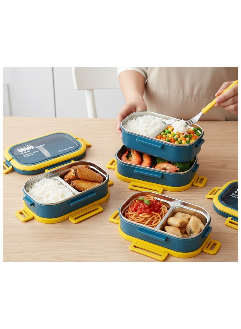YAH Creation YAH Premium Stainless Steel Bento Lunch Box with Lunch Bag, 2-Layer Leakproof Food Container (1.65L) with Stainless Steel Cutlery & Insulated Thermal Bag, Durable & Stylish for Work & School. Blue & Yellow - Image 4