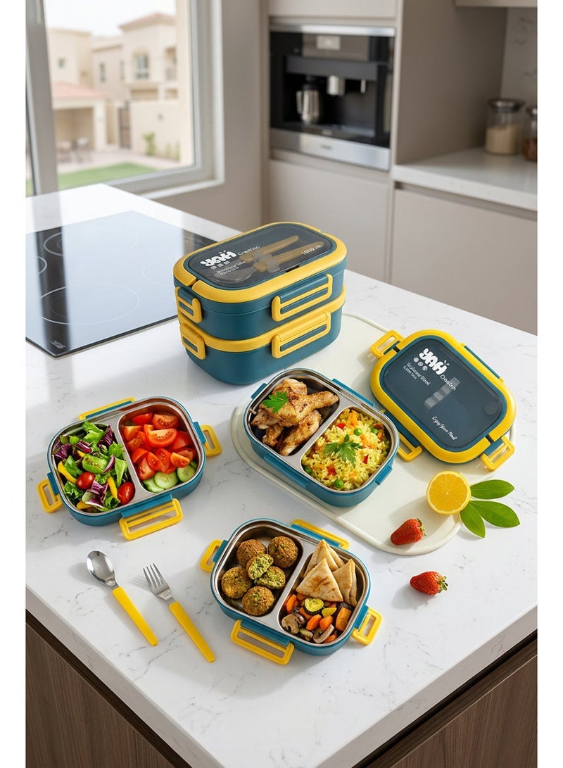YAH Creation YAH Premium Stainless Steel Bento Lunch Box with Lunch Bag, 2-Layer Leakproof Food Container (1.65L) with Stainless Steel Cutlery & Insulated Thermal Bag, Durable & Stylish for Work & School. Blue & Yellow - Image 5