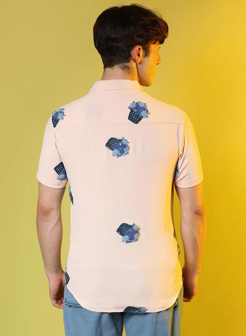 Campus Sutra Men's Peach Orange Flower Basket Shirt