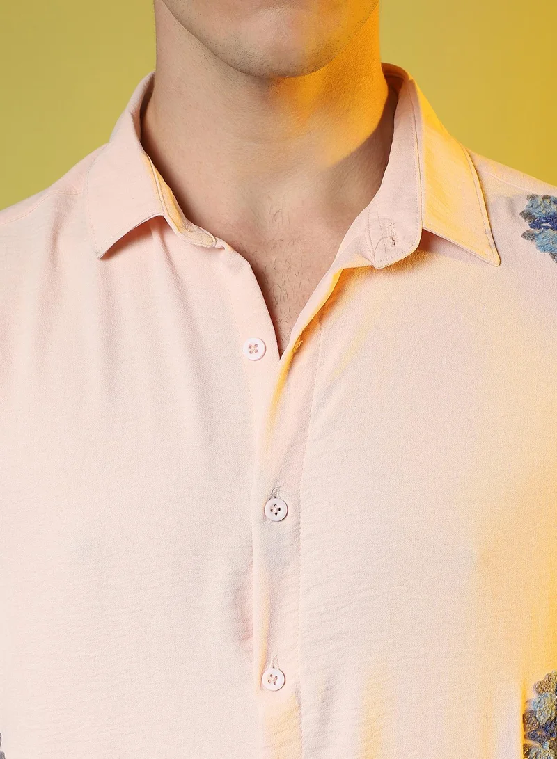 Campus Sutra Men's Peach Orange Flower Basket Shirt