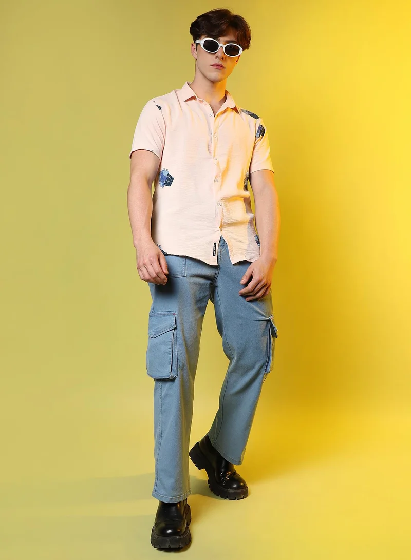 Campus Sutra Men's Peach Orange Flower Basket Shirt