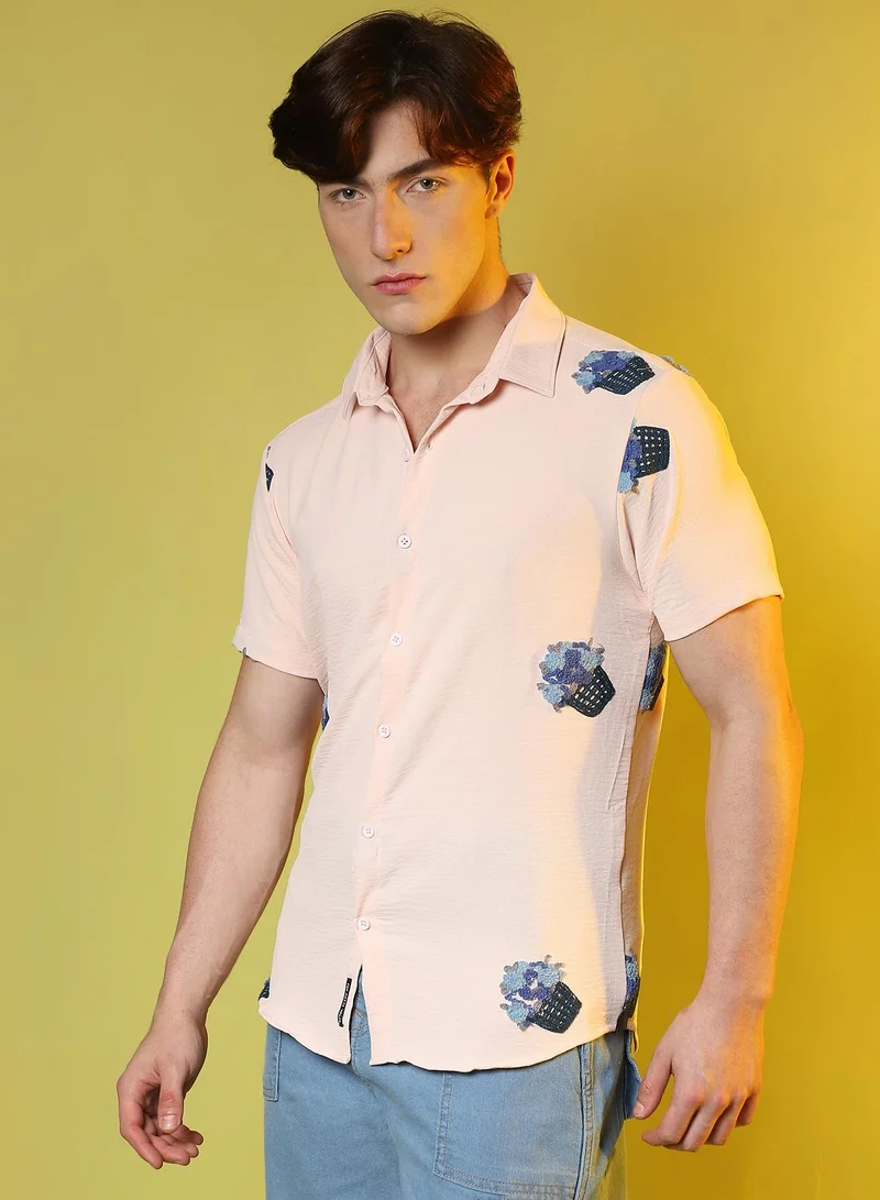 Campus Sutra Men's Peach Orange Flower Basket Shirt