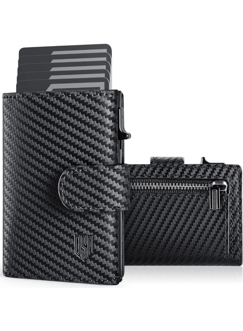 DODENSHA Card Holder Wallet, Genuine Leather Pop-Up RFID Blocking Credit Card Wallet with Coin Pocket, ID Window, Bill Pocket, Carbon Fiber Snap Closure - Image 1