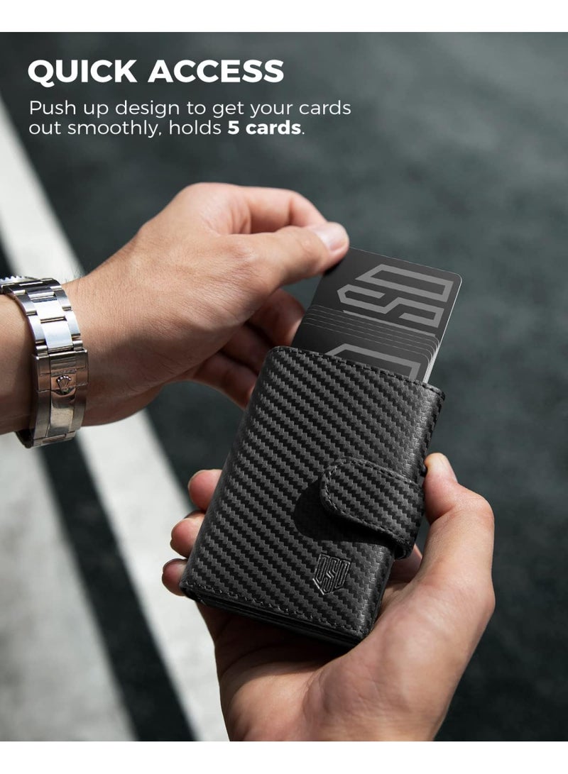 DODENSHA Card Holder Wallet, Genuine Leather Pop-Up RFID Blocking Credit Card Wallet with Coin Pocket, ID Window, Bill Pocket, Carbon Fiber Snap Closure - Image 3