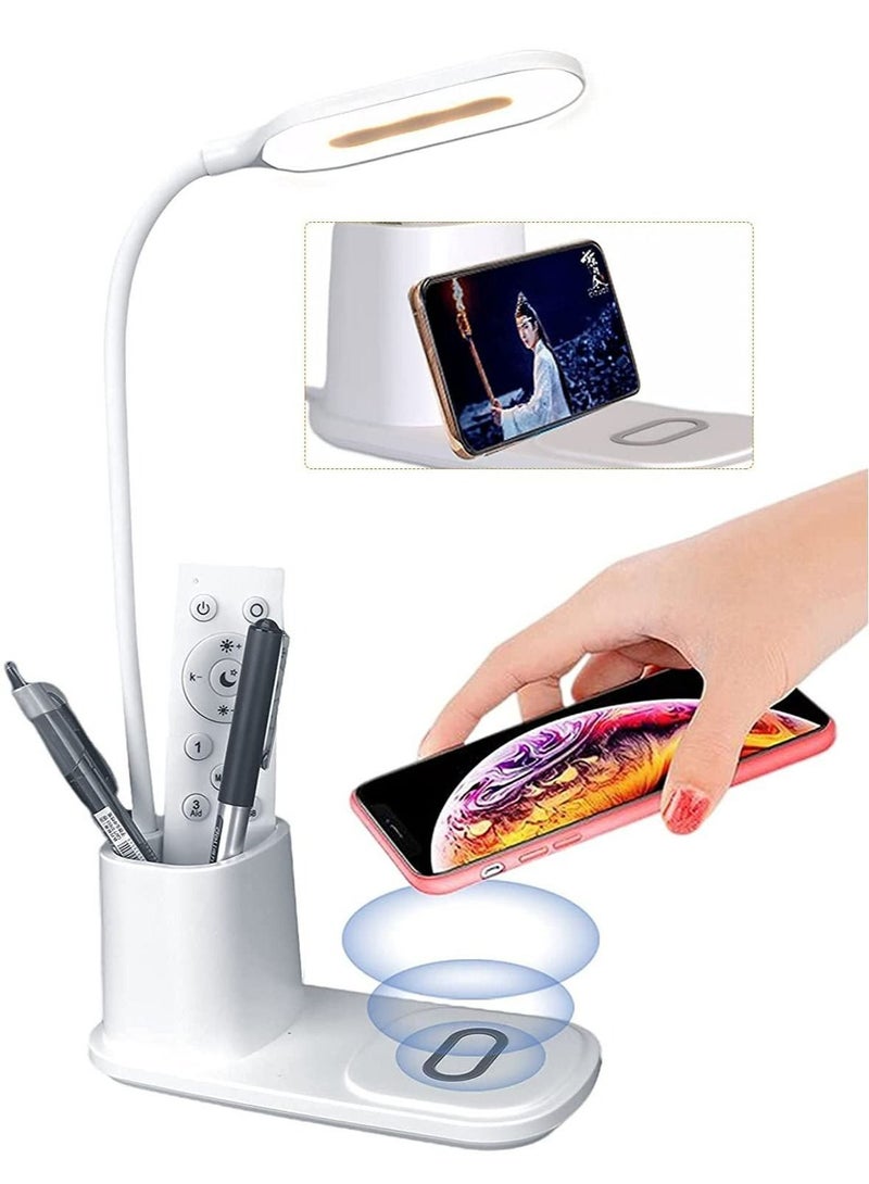 مييلان مصباح مكتب LED مع حامل قلم شاحن لاسلكي وحامل هاتف 4 في 1 مصباح مكتب متعدد الوظائف للعناية بالعين مع منفذ USB مرن 360 درجة Gooseneck ومصباح طاولة التحكم باللمس - Image 1