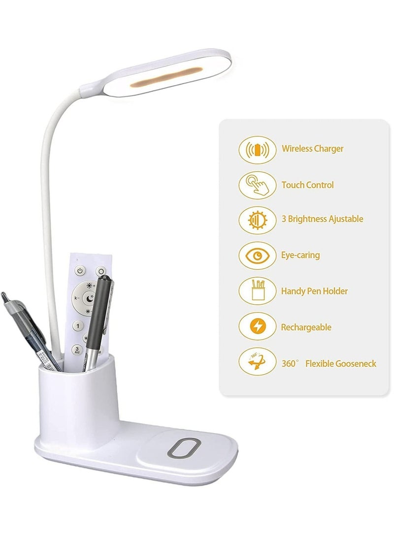 مييلان مصباح مكتب LED مع حامل قلم شاحن لاسلكي وحامل هاتف 4 في 1 مصباح مكتب متعدد الوظائف للعناية بالعين مع منفذ USB مرن 360 درجة Gooseneck ومصباح طاولة التحكم باللمس - Image 2
