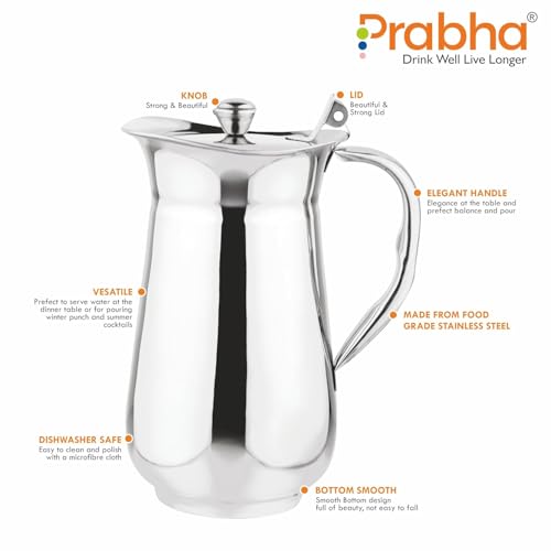Prabha Stainless Steel Victoria Water Jug 1.8 Litre |Daily Use Home/Kitchen Jugs|1800ml Water Jugs with Lid For Dining Table |Milk/Juice Serve Water Pitcher Rust-Free Durable & Elegant Jug For Serving - Image 3