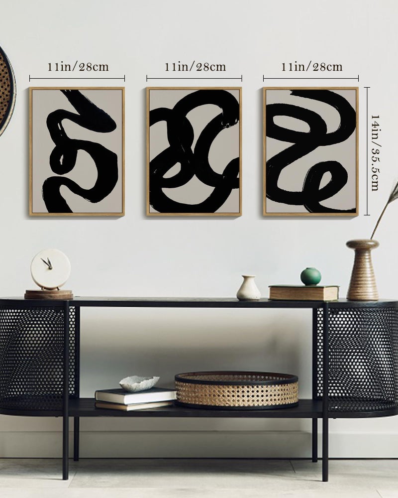PHOPAGO Black Abstract Wall Art Ink Wash Minimalist Lines Framed Canvas Painting Artwork 11x14in Natural Framed - Image 5