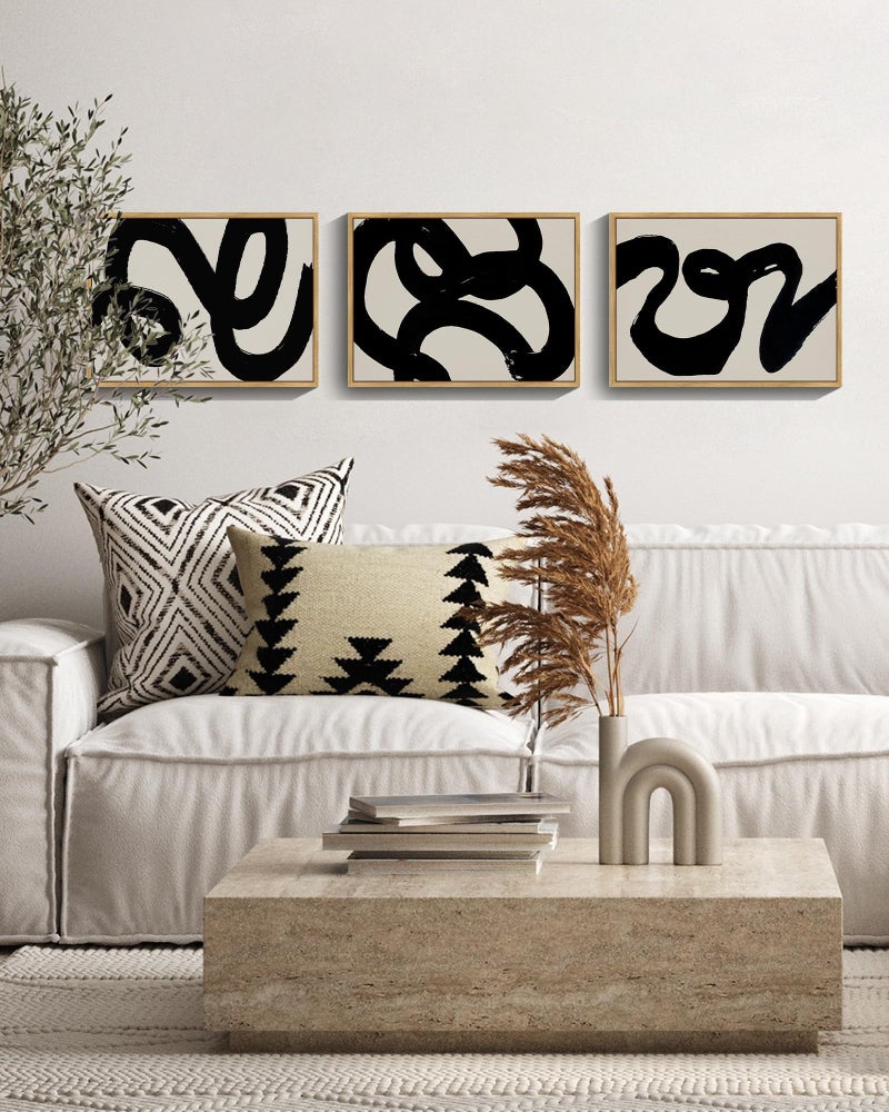 PHOPAGO Black Abstract Wall Art Ink Wash Minimalist Lines Framed Canvas Painting Artwork 11x14in Natural Framed - Image 2