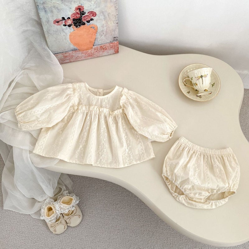 2025 new girls suit western-style flower embroidery shirt bread pants two-piece baby girl spring clothes Apricot