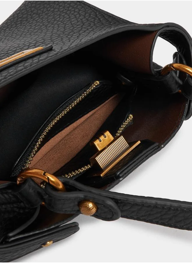 Styli Textured Handbag with Turn Lock Closure