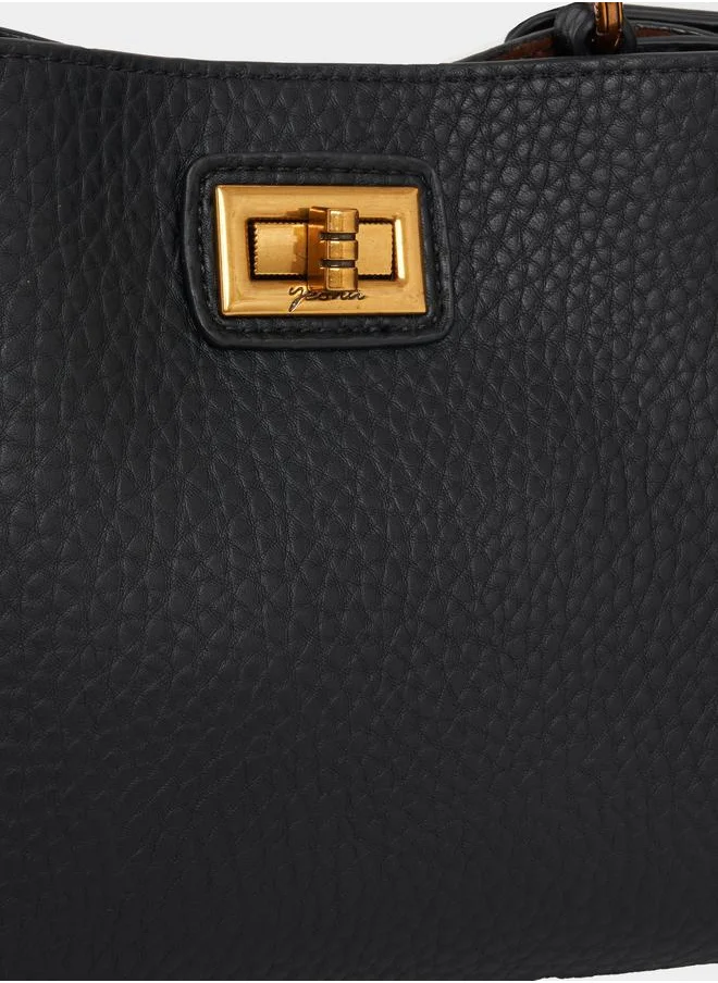 Styli Textured Handbag with Turn Lock Closure