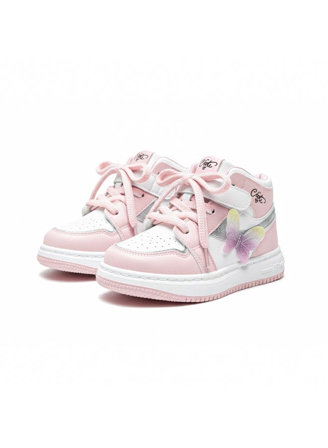 Girl's High-Top Sneakers with Fun Butterfly Design, Comfortable Cushioned Sole, Secure Lace and Strap Closure, Durable Build for Daily Wear