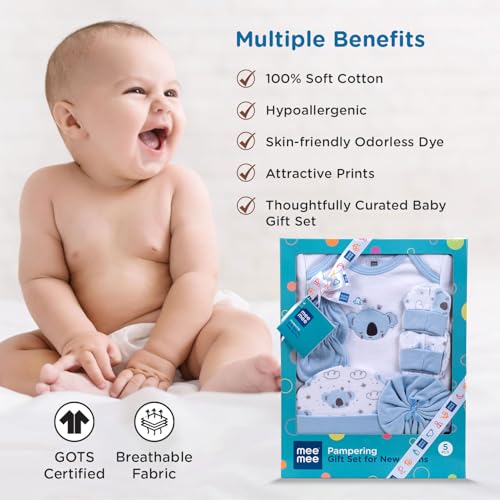 Mee Mee New Born Baby Gift Set | Soft Cotton Clothing Essentials for Infants/Baby Girls, Boys | Baby Shower Clothing Hamper (5 Pieces, Blue)| Ideal Gift for New Born Baby - Image 5