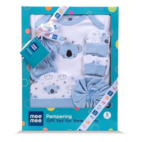 Mee Mee New Born Baby Gift Set | Soft Cotton Clothing Essentials for Infants/Baby Girls, Boys | Baby Shower Clothing Hamper (5 Pieces, Blue)| Ideal Gift for New Born Baby - Image 1