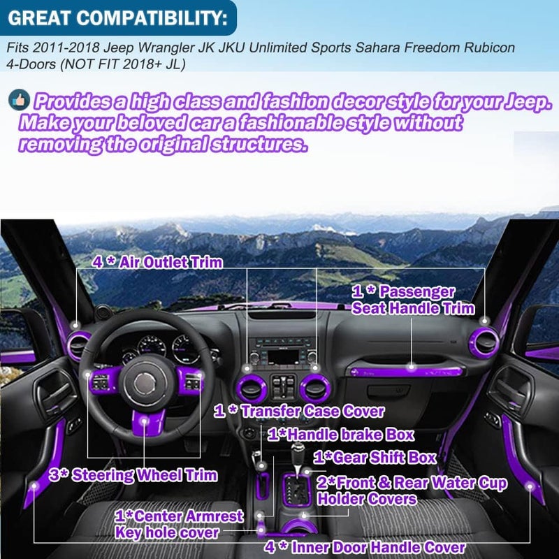 Opall 18 PCS Full Set Interior Decoration Trim Kit for Jeep Wrangler JK JKU 2011-2018 (Purple) - Image 2