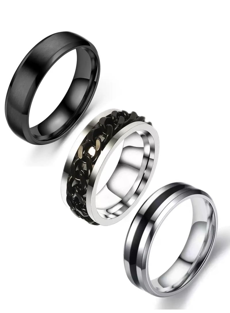 AuliceVerse 3-Pack Men's Titanium Steel Rings for Middle East – Black & Silver Set, Hypoallergenic, Fade & Rust Proof, All-Weather Wear - Image 1