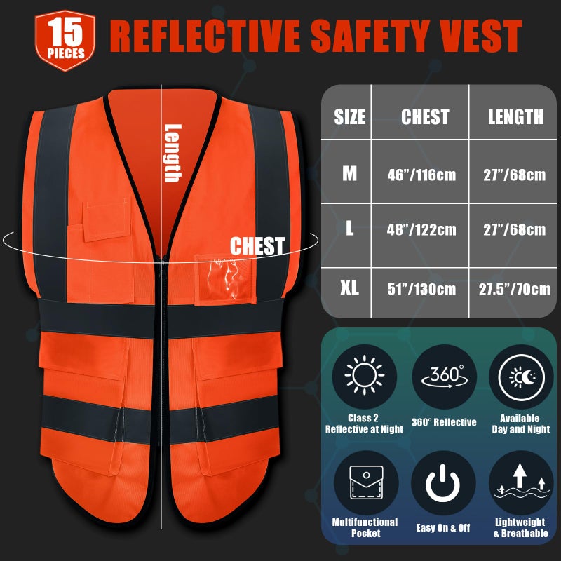 JaGely 15 Pack Reflective Safety Vests with Pockets and Zipper Construction Work High Visibility Vest for Men Women(Medium,Orange Red) - Image 2