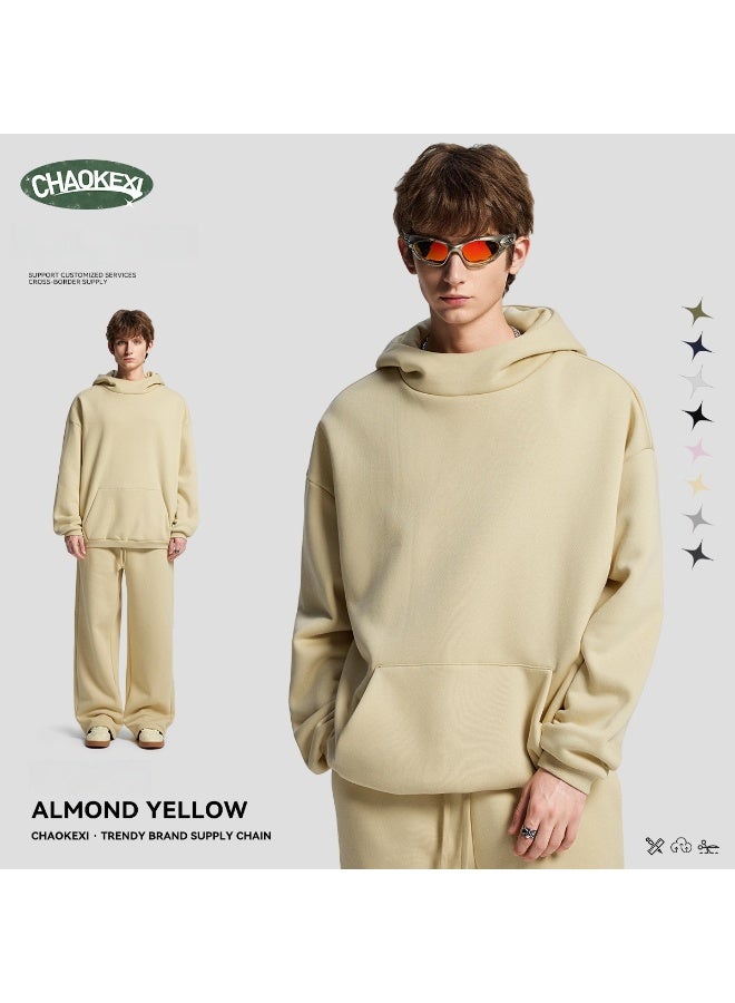 CHAOKEXI American Retro Men's Fleece-Lined Hoodie Set, Autumn/Winter Street Style Loose-fitting Hoodie Two-Piece Set, Sporty Casual High-Neck Warm (Almond Yellow) - Image 2