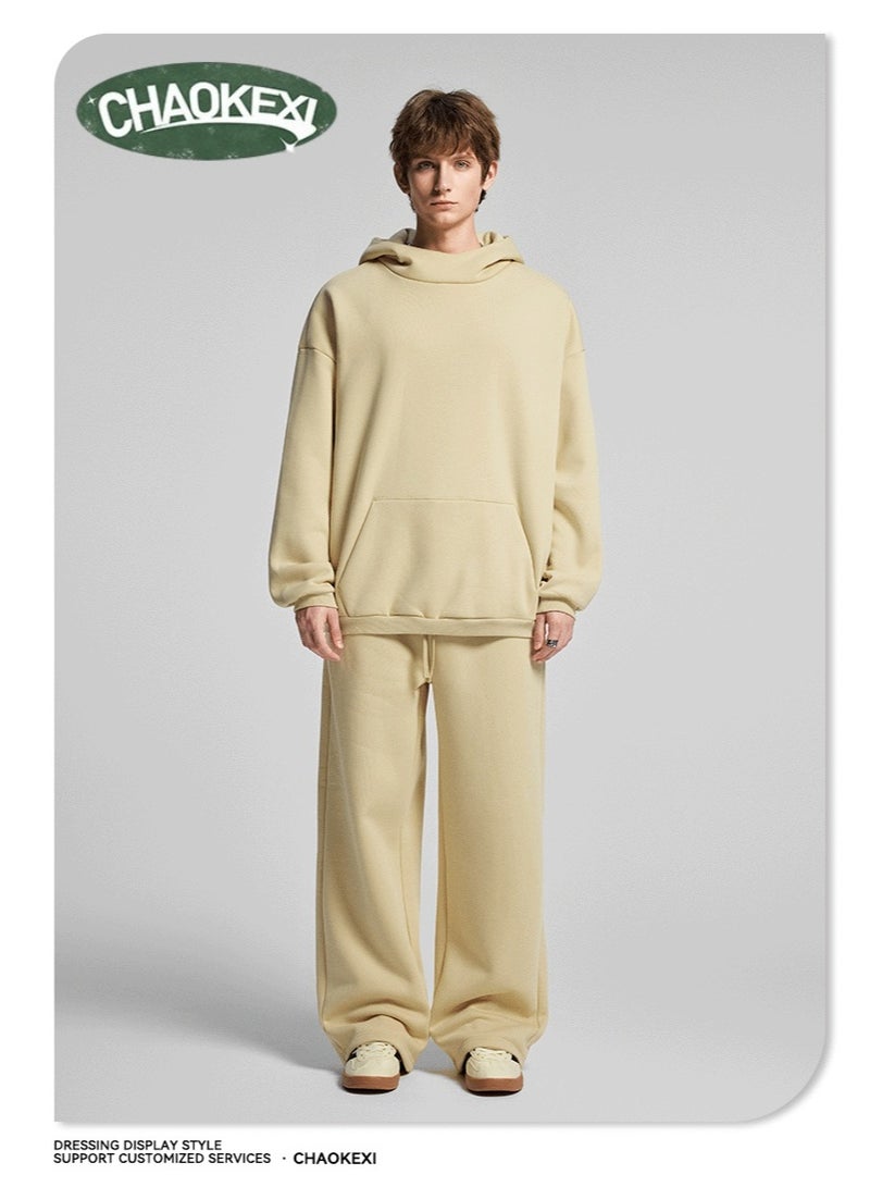 CHAOKEXI American Retro Men's Fleece-Lined Hoodie Set, Autumn/Winter Street Style Loose-fitting Hoodie Two-Piece Set, Sporty Casual High-Neck Warm (Almond Yellow) - Image 1