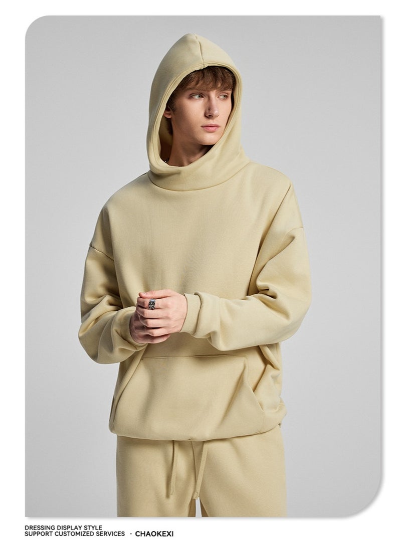 CHAOKEXI American Retro Men's Fleece-Lined Hoodie Set, Autumn/Winter Street Style Loose-fitting Hoodie Two-Piece Set, Sporty Casual High-Neck Warm (Almond Yellow) - Image 5