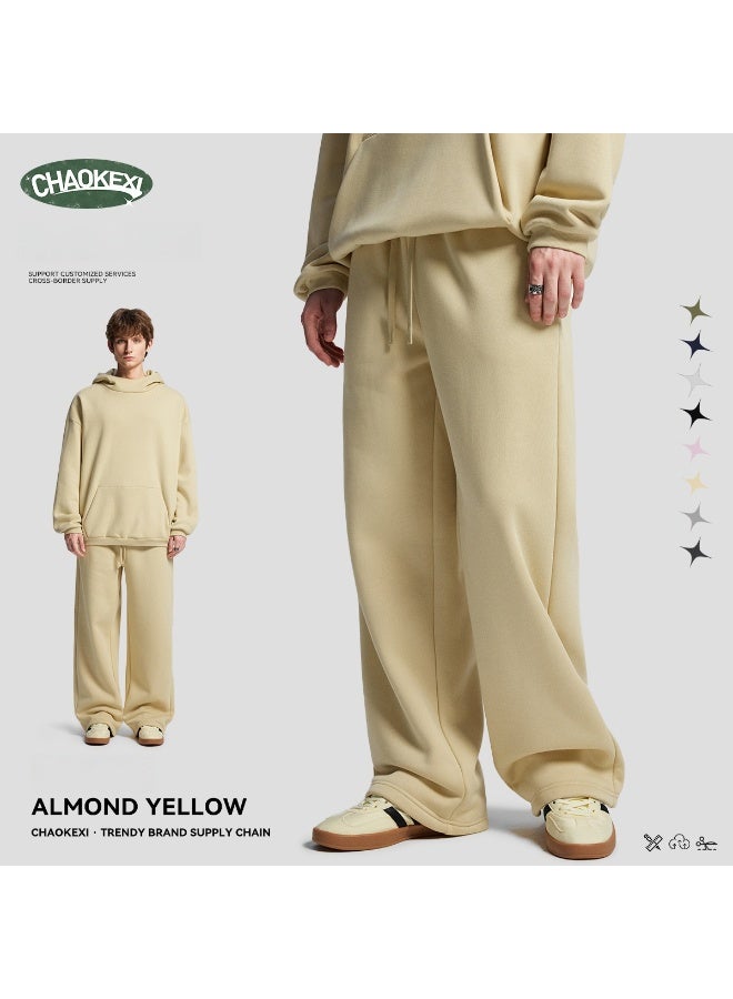 CHAOKEXI American Retro Men's Fleece-Lined Hoodie Set, Autumn/Winter Street Style Loose-fitting Hoodie Two-Piece Set, Sporty Casual High-Neck Warm (Almond Yellow) - Image 3