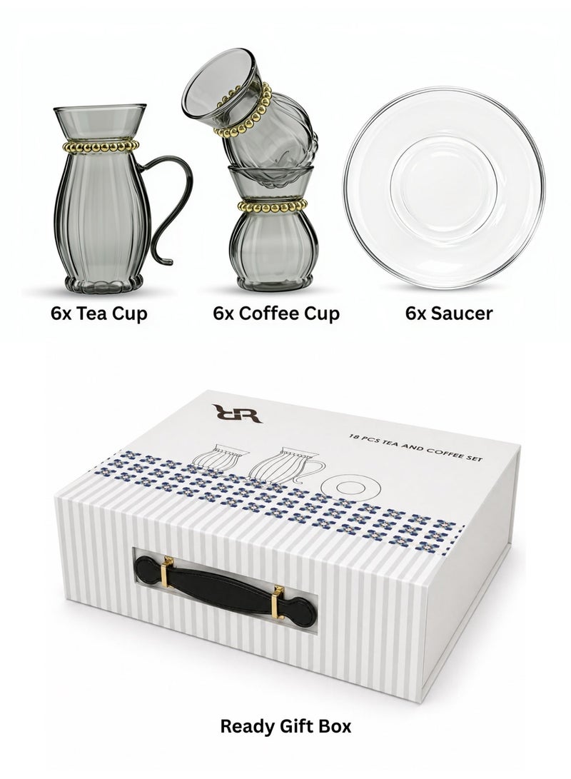 Raz 18 Pieces Luxury Glass Tea & Coffee Cups Set with Saucers | Tea and Coffee Serving Set | Elegant Gift Box - Image 2