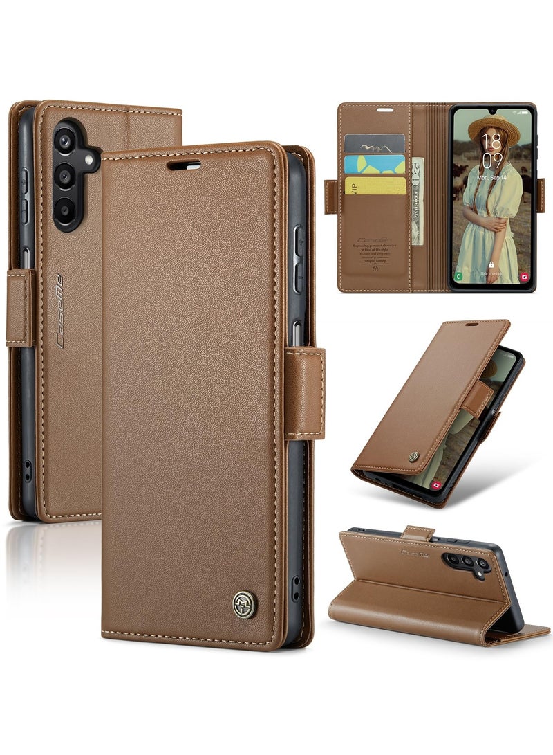 CaseMe Phone Case Luxury PU Leather Design Anti Fingerprint 023 Flip Cover Card Slot Holder Cover For Samsung Galaxy A15 (Brown) - Image 1