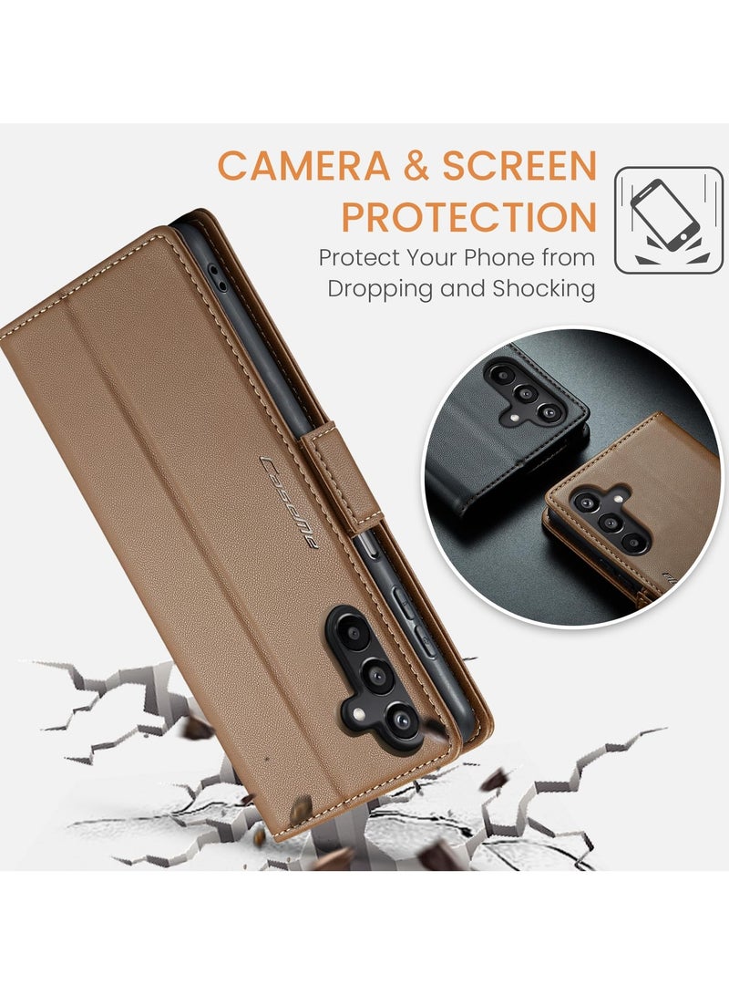 CaseMe Phone Case Luxury PU Leather Design Anti Fingerprint 023 Flip Cover Card Slot Holder Cover For Samsung Galaxy A15 (Brown) - Image 4