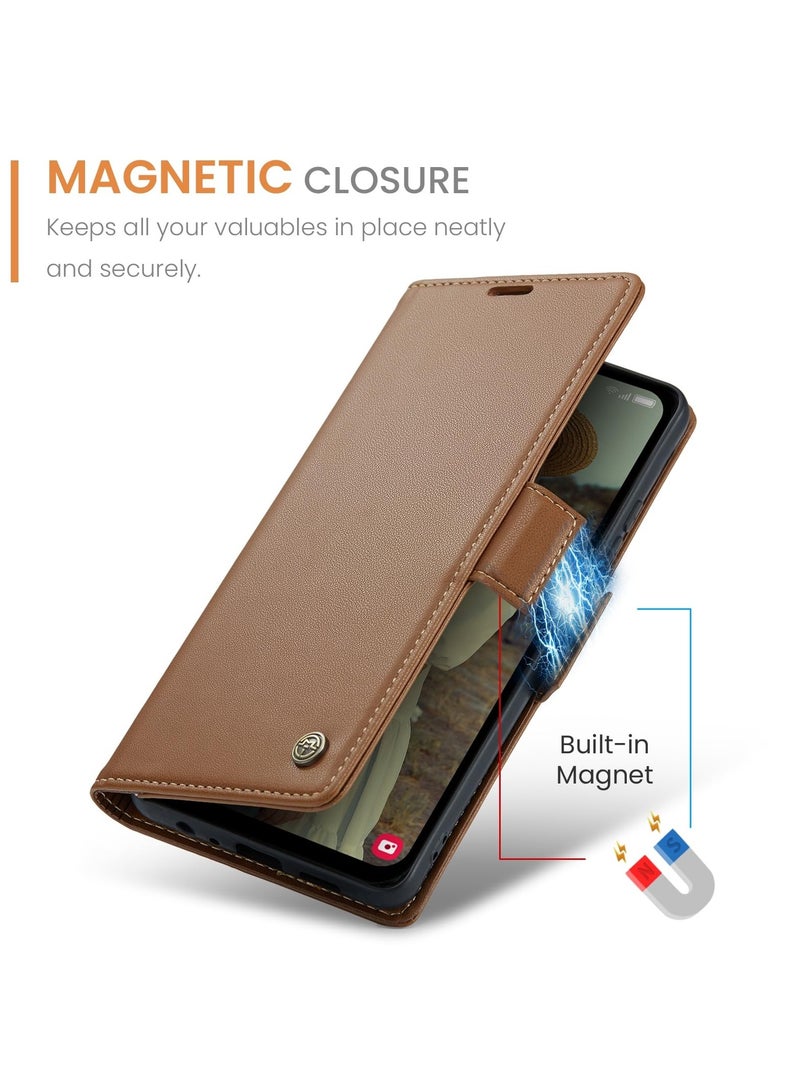 CaseMe Phone Case Luxury PU Leather Design Anti Fingerprint 023 Flip Cover Card Slot Holder Cover For Samsung Galaxy A15 (Brown) - Image 5