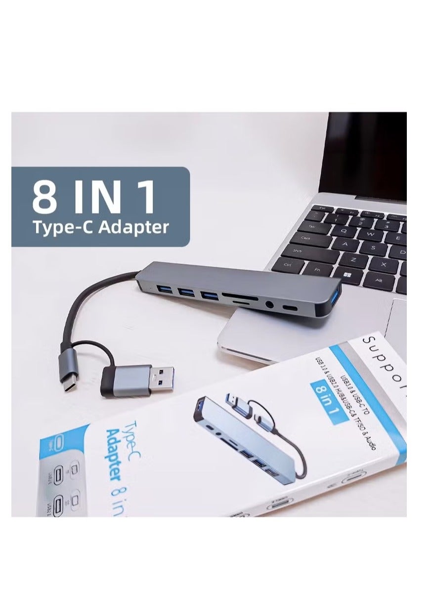 USB C Hub 8-in-2 Multiport Adapter Hub – Compatible with Mac, Android, Laptops, and Tablets – Includes USB ports for data transfer and connecting mouse or keyboard, USB-C port for charging and file transfer, SD/TF card reader for easy media access, and 3.5mm audio jack – Sleek and durable aluminum design – Lightweight and portable, perfect for office or travel – Plug-and-play functionality with no drivers required – Stable performance and wide compatibility with modern devices