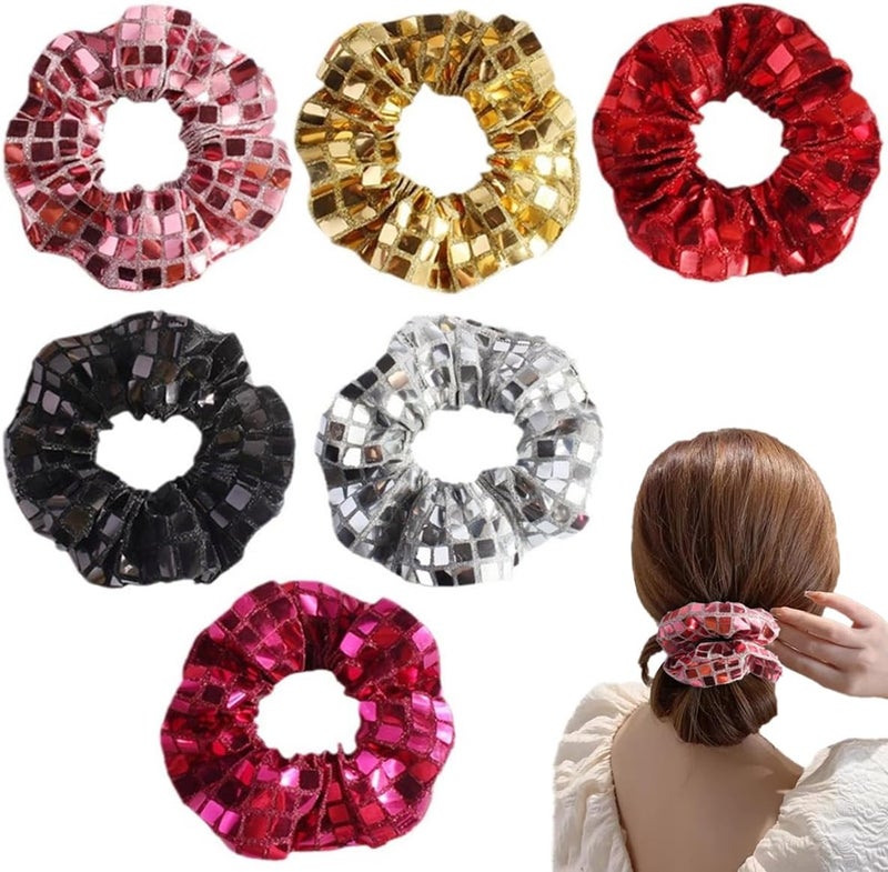 RuiChy 6 Pcs Sequin Hair Scrunchies Bling Elastic Hair Bands Ponytail Holder Sparkly Disco Scrunchy Bobbles Hair Ties for Lady Girls Theme Party Favor Stage Performance Daily Hair Accessory