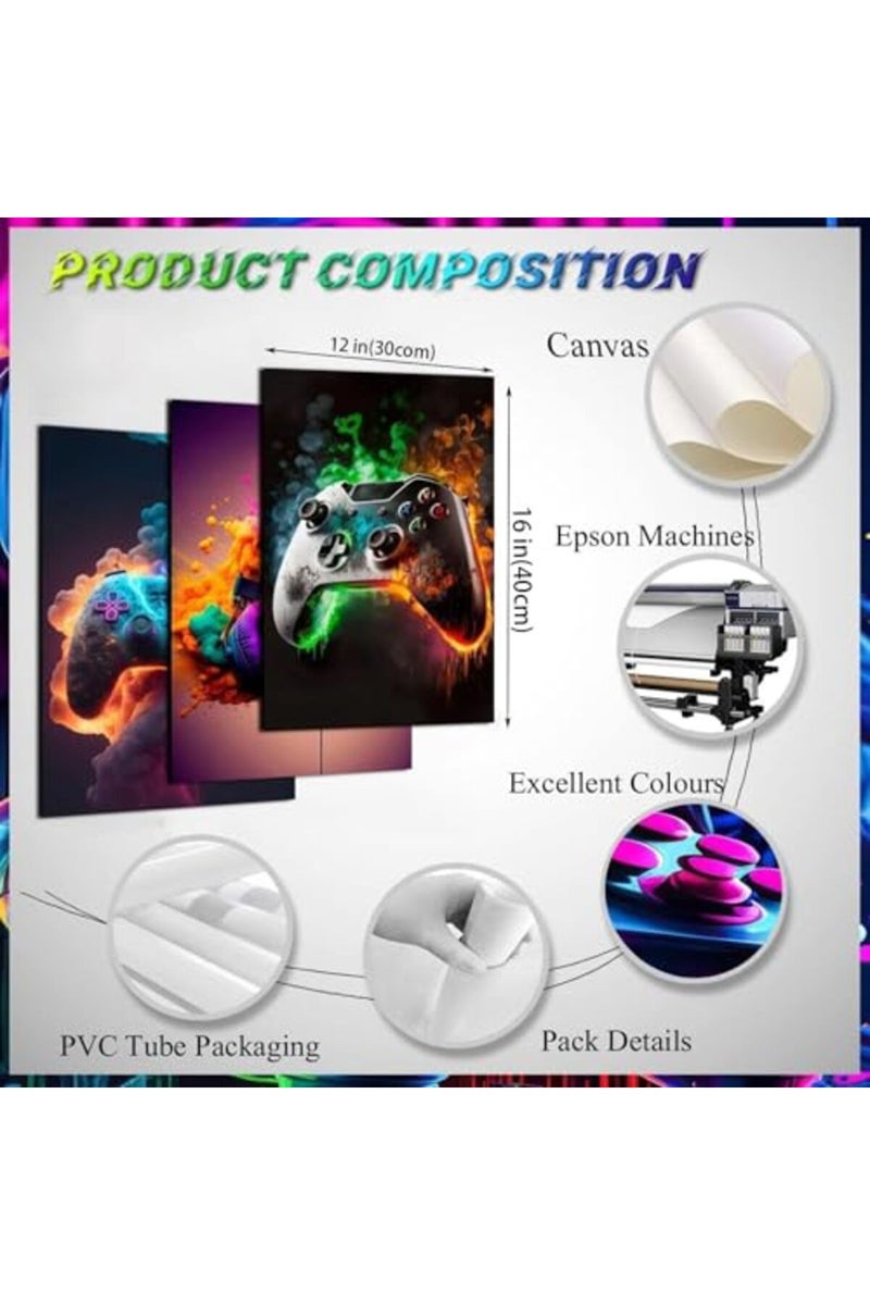 BGFCE Gaming Room Decor Wall Art, Video Gaming Theme Decor Gaming Room Wall Art, Gaming Canvas Posters for Teen Boys Room Unframed 12x16in Set of 3 - Image 3