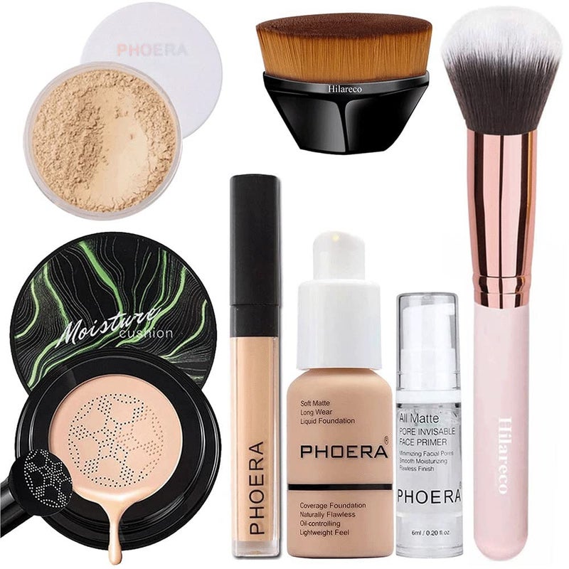PHOERA Foundation Full Coverage Makeup Mushroom Head Air Cushion CC Cream Natural Foundation SetPHOERA Concealer PHOERA Primer PHOERA Powder Foundation Brushes 103 Warm Peach 03 Warm Nude CC