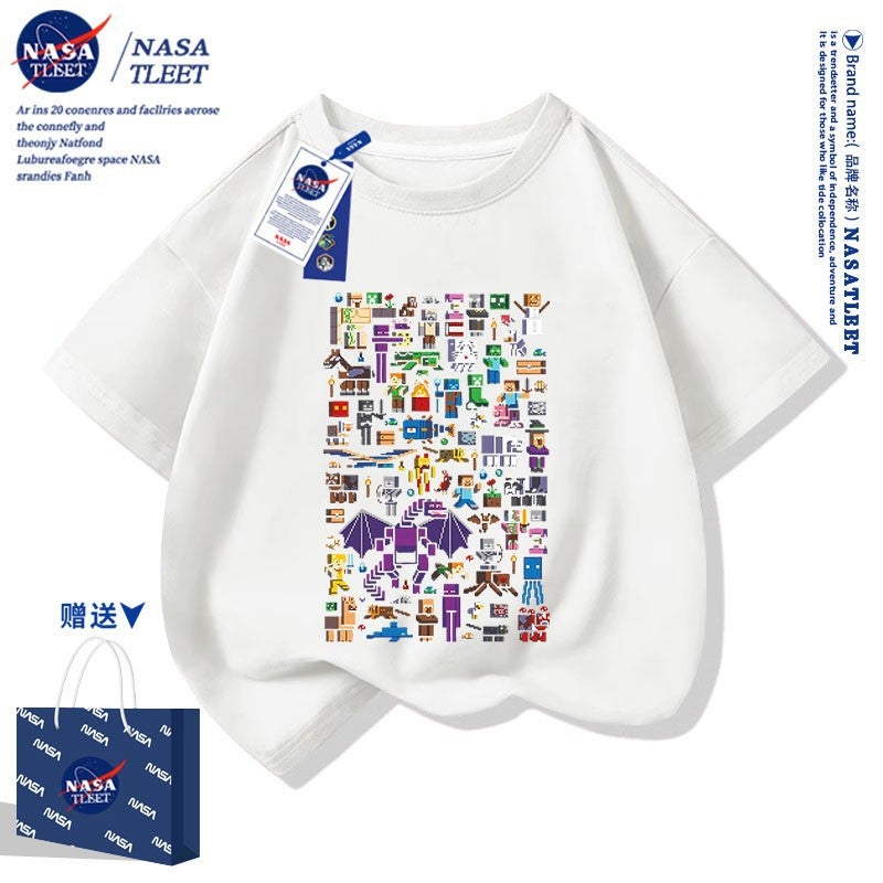 Nasa Co-Brand New All-Match Pure Cotton Base Shirt Summer Men'S And Women'S Children'S Wear Simple Fashionable Short-Sleeved Cottful Fear T-Shirt - Image 2