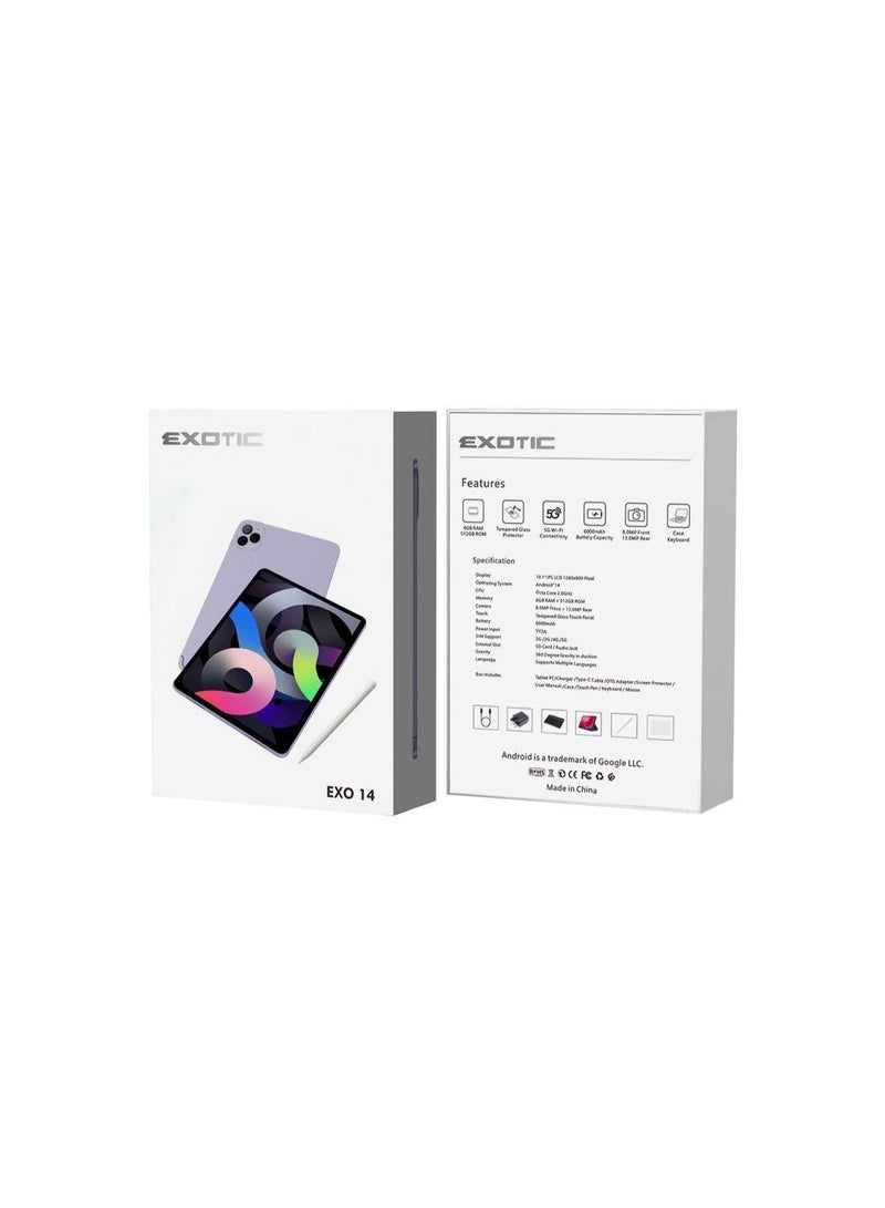 Exotic EXO Tab 14 5G Tablet International Version 512GB 8GB RAM 10.1" Display – Dual SIM, Keyboard & Stylus Pen Included, Grey - Image 1