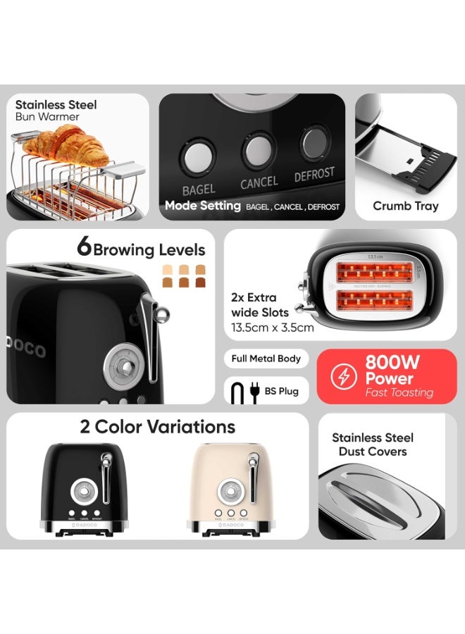 Radoco Retro Style 2-Slice Toaster, 800 W, Steel Body, Steel Dust Cover & Bun Warmer,Defrost, Reheat & Cancel Function,Removable Crumb Tray - Image 5