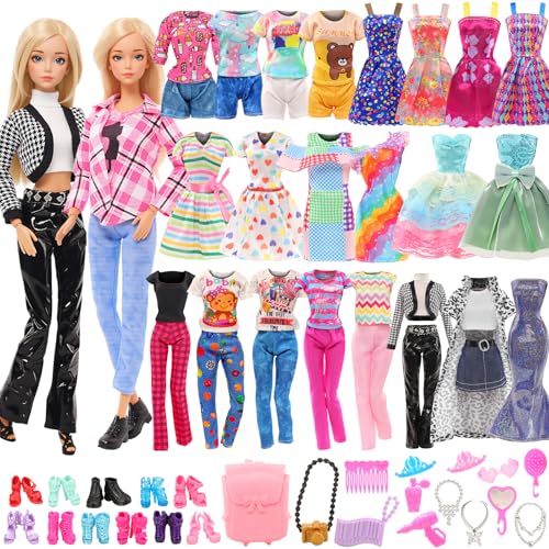Barwa Lot 36 Items 3 Fashion Dresses 3 Casual Tops and Pants Outfits 6 Pcs Mini Dresses with 1 Bags 10 Shoes, 13 Accessories for 11.5 Inch Girl Doll Birthday Xmas - Image 1