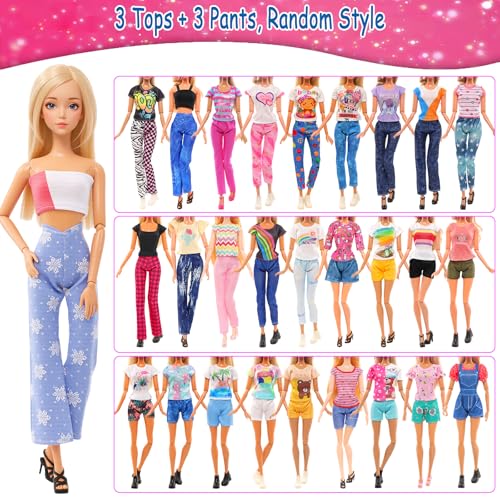 Barwa Lot 36 Items 3 Fashion Dresses 3 Casual Tops and Pants Outfits 6 Pcs Mini Dresses with 1 Bags 10 Shoes, 13 Accessories for 11.5 Inch Girl Doll Birthday Xmas - Image 4