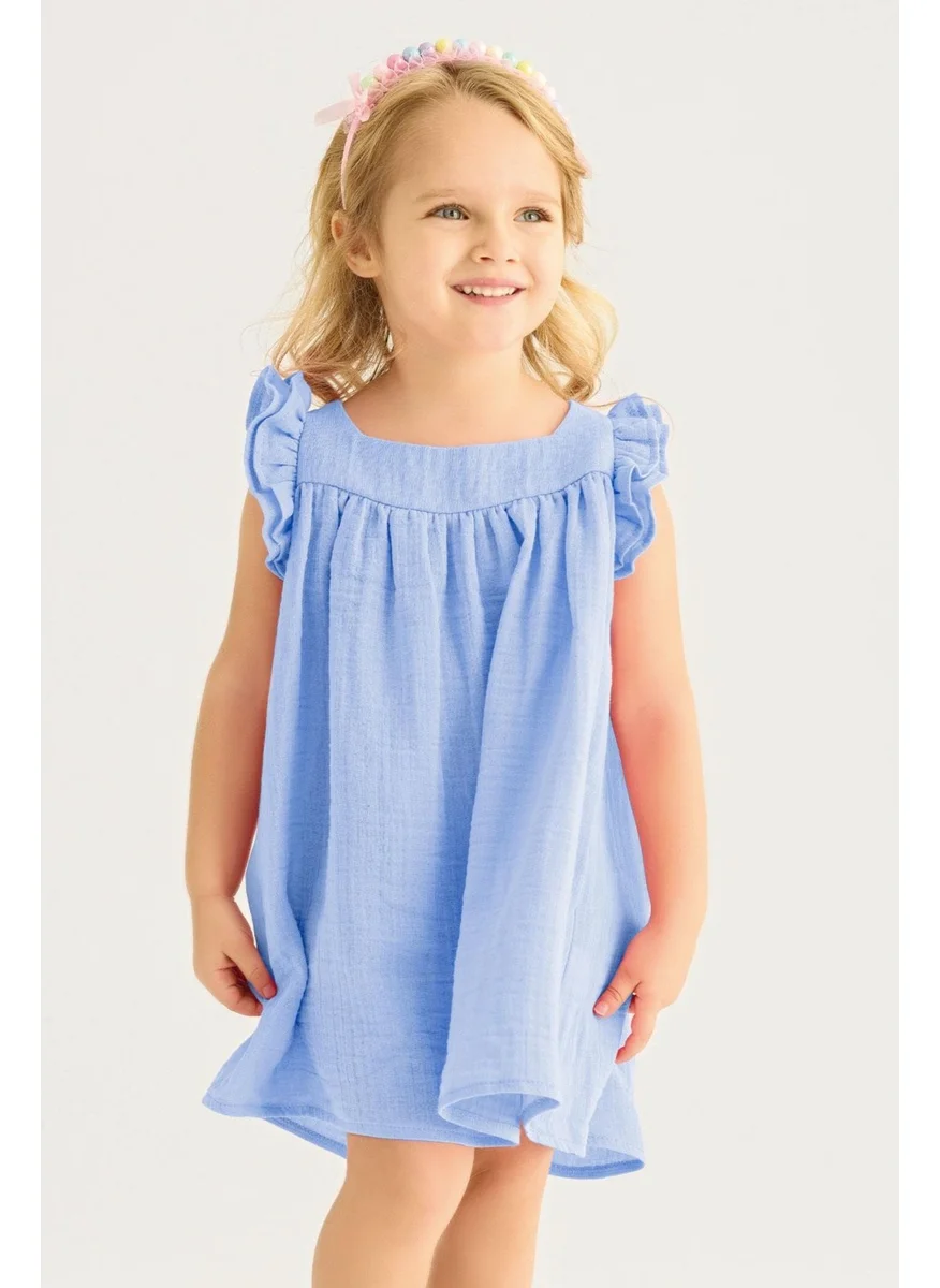 Zepkids Square Neck Short Sleeve Wide Frosted Square Neck Baby Blue Color Girl Dress