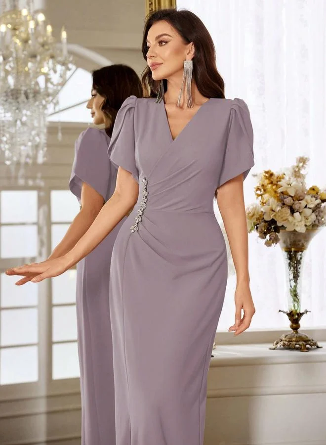 Take Two Women'S Ruching Detail Puff Sleeve Embellished Waist Maxi Dress