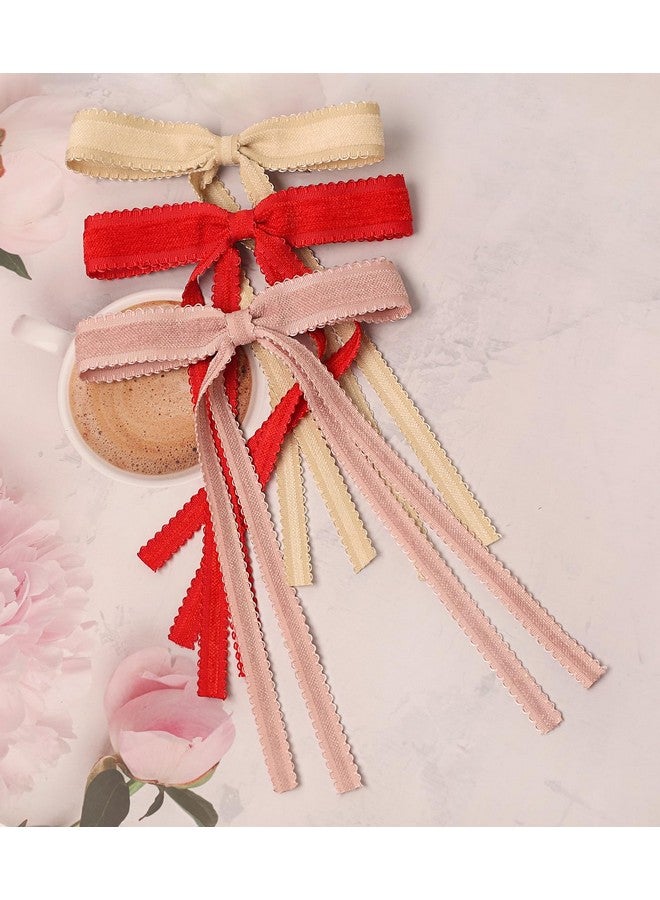 LFOUVRE Hair Bows For Womenlace Bow Hair Clips For Girl Hair Ribbon Bow With Long Tail Bow Hair Clips Metal Pink Hair Bow Red Bow For Girls Pink Bow Clips Hair Accessories For Teens 6Pcs - Image 2