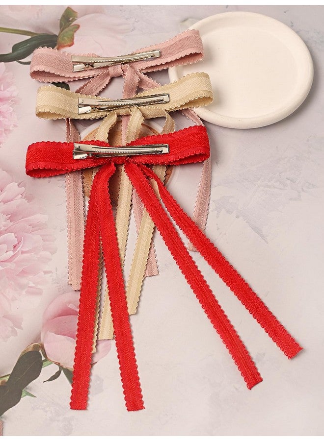 LFOUVRE Hair Bows For Womenlace Bow Hair Clips For Girl Hair Ribbon Bow With Long Tail Bow Hair Clips Metal Pink Hair Bow Red Bow For Girls Pink Bow Clips Hair Accessories For Teens 6Pcs - Image 4