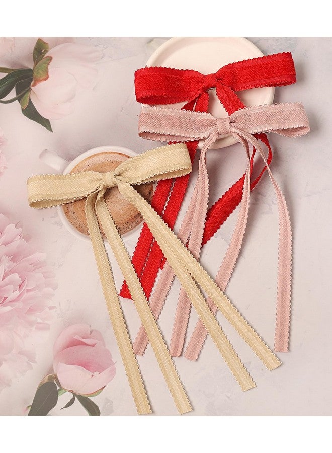 LFOUVRE Hair Bows For Womenlace Bow Hair Clips For Girl Hair Ribbon Bow With Long Tail Bow Hair Clips Metal Pink Hair Bow Red Bow For Girls Pink Bow Clips Hair Accessories For Teens 6Pcs - Image 3